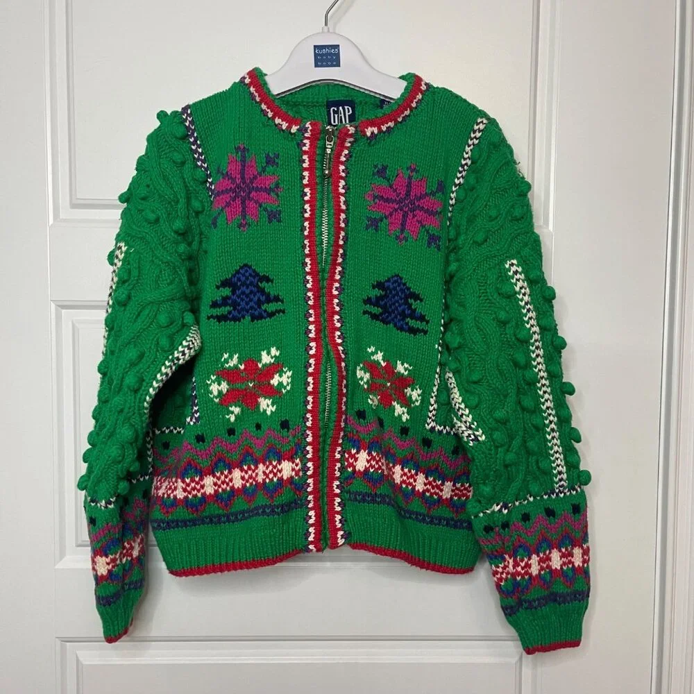 Vintage Gap Handknit Holiday Cardigan Sweater Girls XL 100% Cotton‎ Christmas